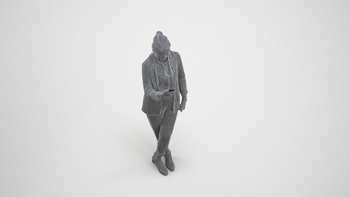 3D human model woman business, photogrammetry scanned person for archviz, wireframe three-quarter view