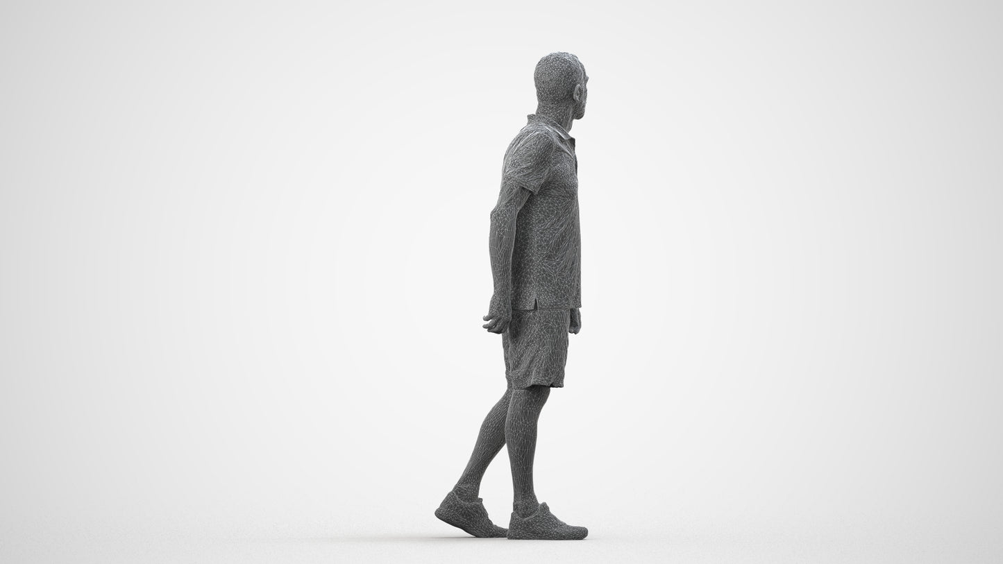 3D human model senior man sport, photogrammetry scanned person for archviz, wireframe side view