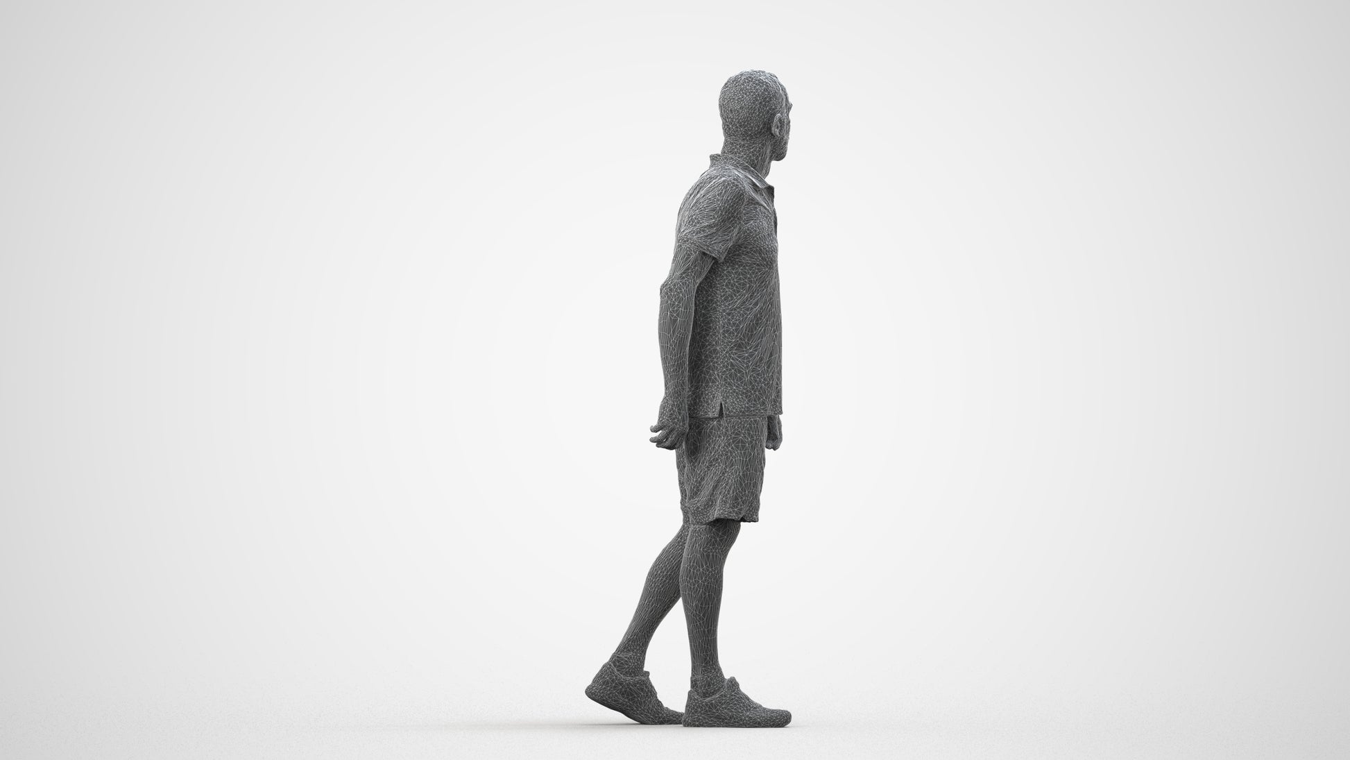 3D human model senior man sport, photogrammetry scanned person for archviz, wireframe side view