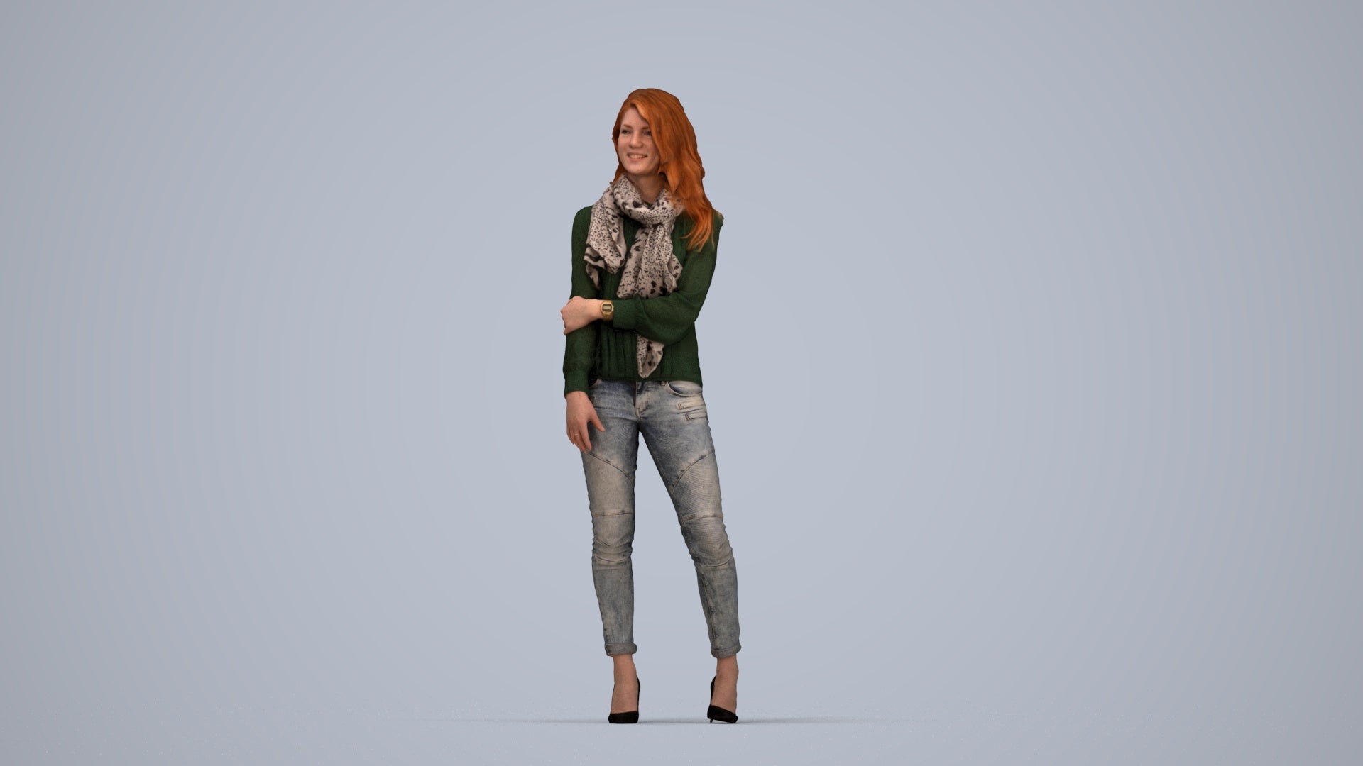 photogrammetry 3D woman casual standing, realistic human model archviz FBX, top-down view render