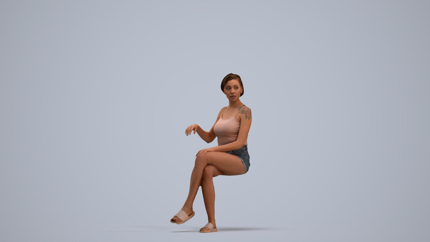 3D human model woman casual sitting, photogrammetry scanned person for archviz, standing pose render