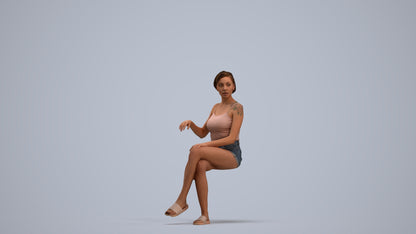 3D human model woman casual sitting, photogrammetry scanned person for archviz, standing pose render