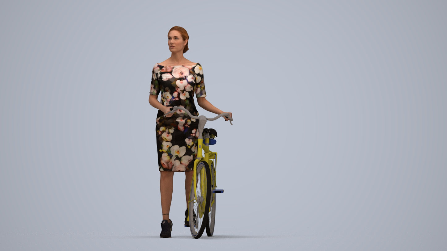 realistic 3D senior woman casual cycling, scanned archviz people for Blender and 3ds Max, top-down view render
