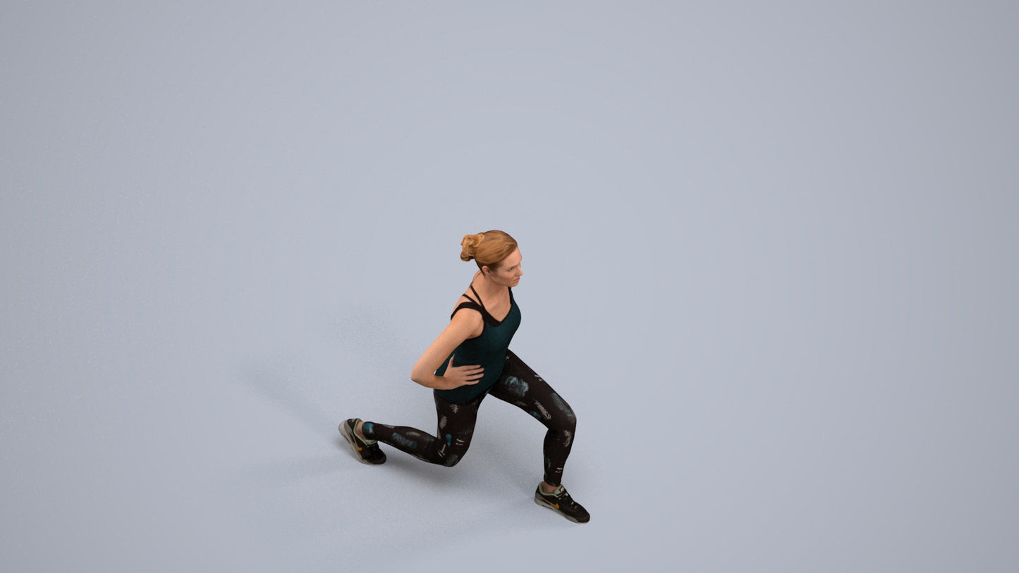 3D human model woman sport standing, photogrammetry scanned person for archviz, back view render