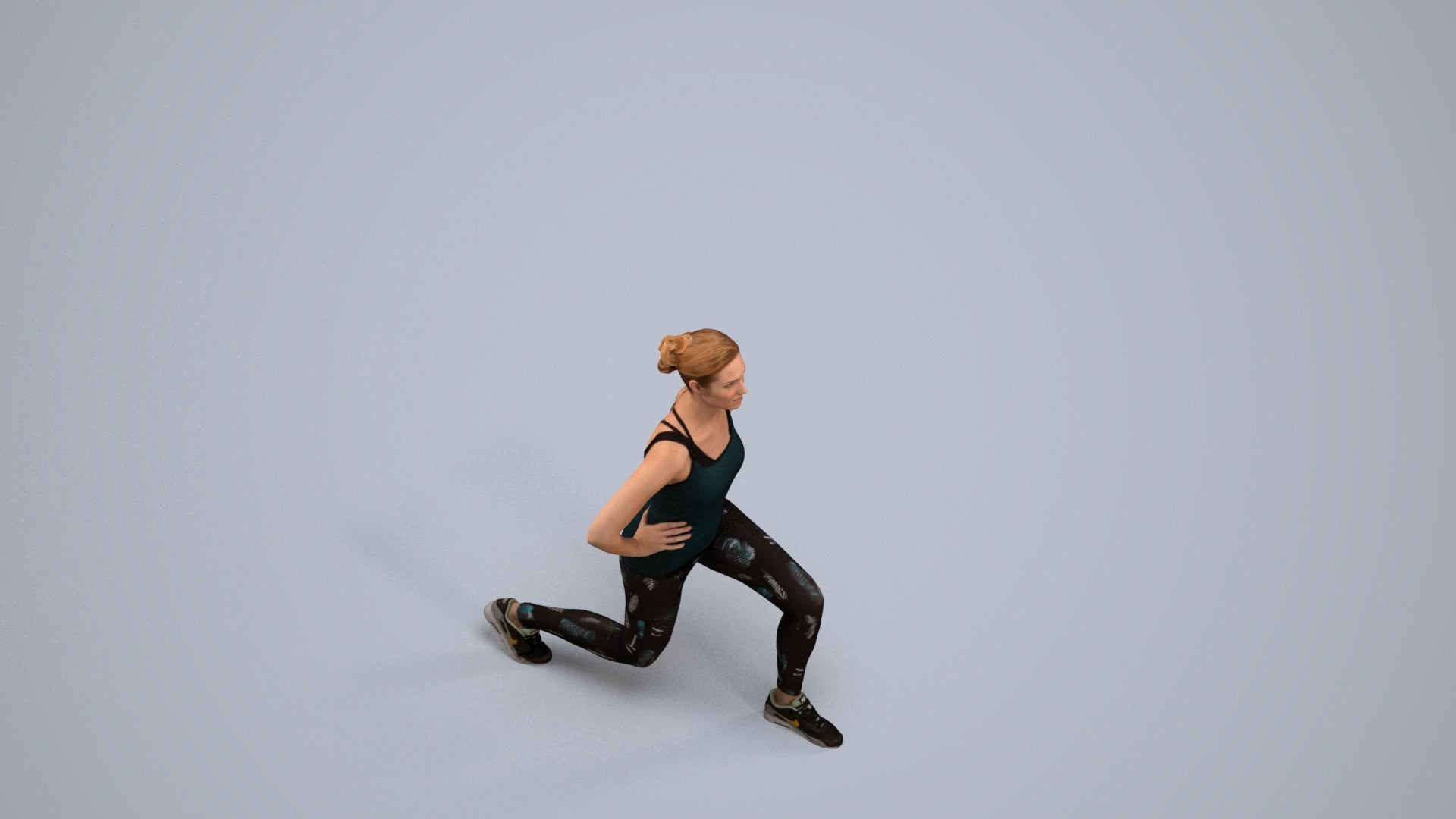3D human model woman sport standing, photogrammetry scanned person for archviz, back view render
