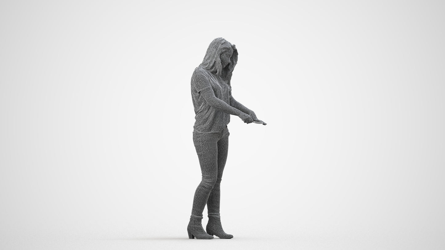 realistic 3D woman casual standing, scanned archviz people for Blender and 3ds Max, wireframe side view