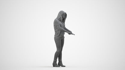 realistic 3D woman casual standing, scanned archviz people for Blender and 3ds Max, wireframe side view