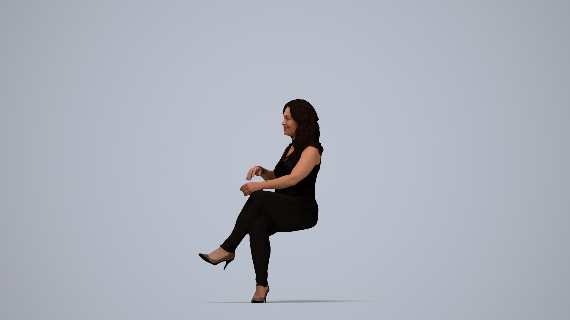 realistic 3D human woman casual sitting, archviz people FBX OBJ for Blender, top-down view render