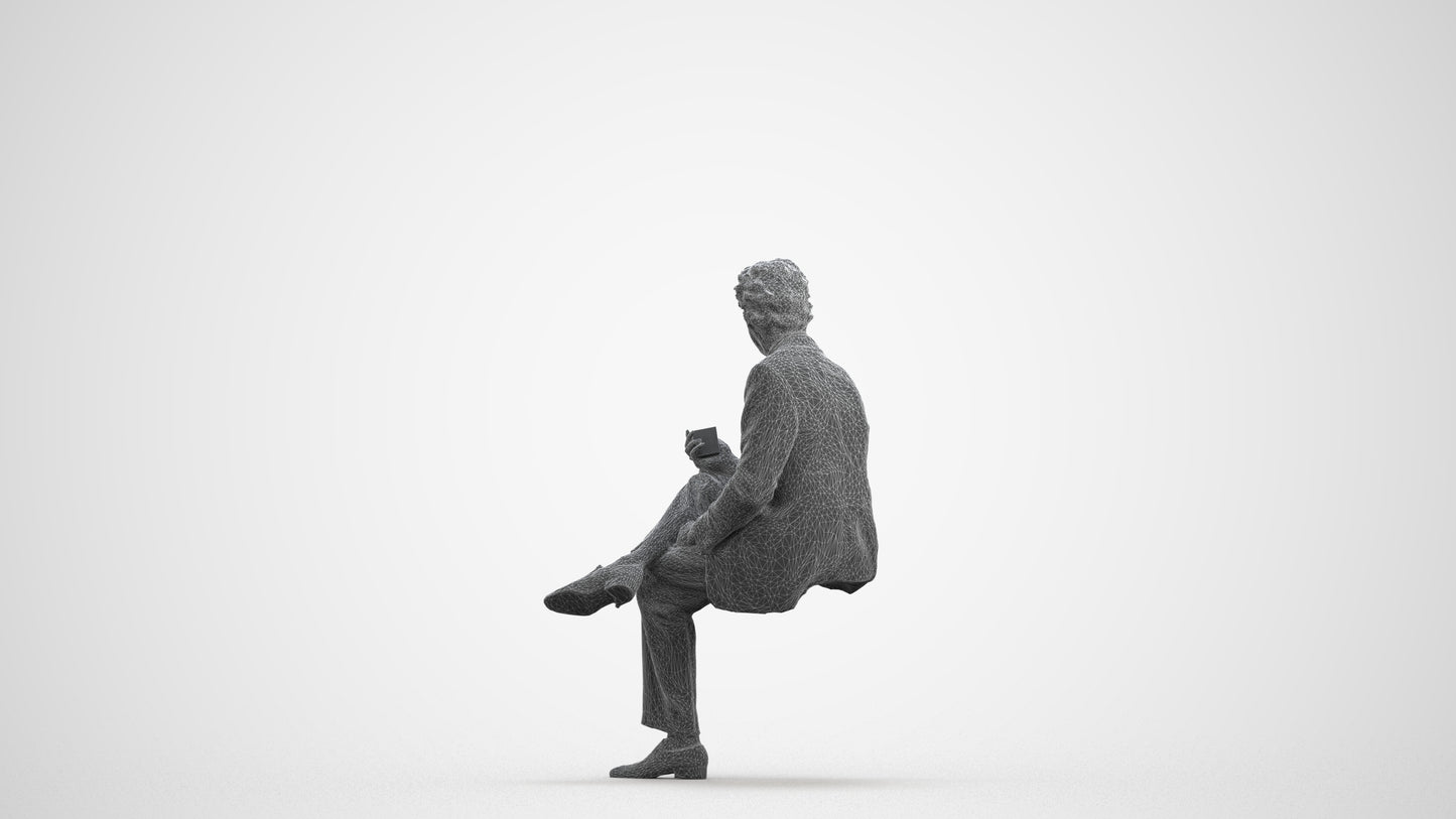 scanned 3D man business sitting, photogrammetry people for Enscape and V-Ray, wireframe front view