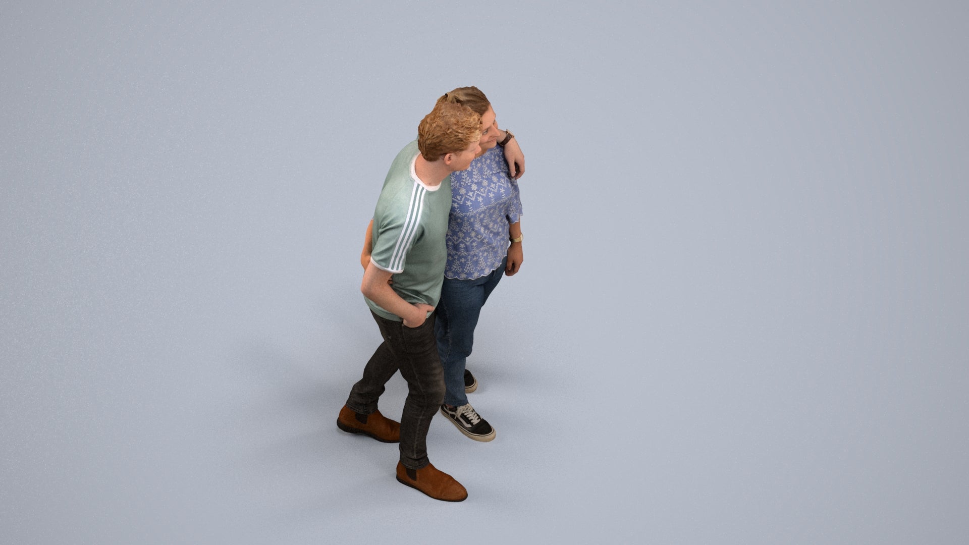 3D human model woman casual couple, photogrammetry scanned person for archviz, back view render
