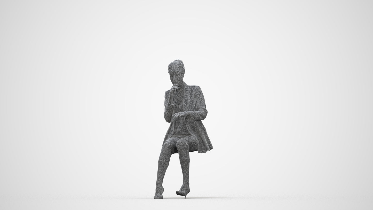 photogrammetry 3D woman business sitting, realistic human model archviz FBX, wireframe back view