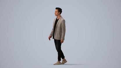 3D scanned man walking business, photorealistic archviz people for Enscape and SketchUp, three-quarter view render