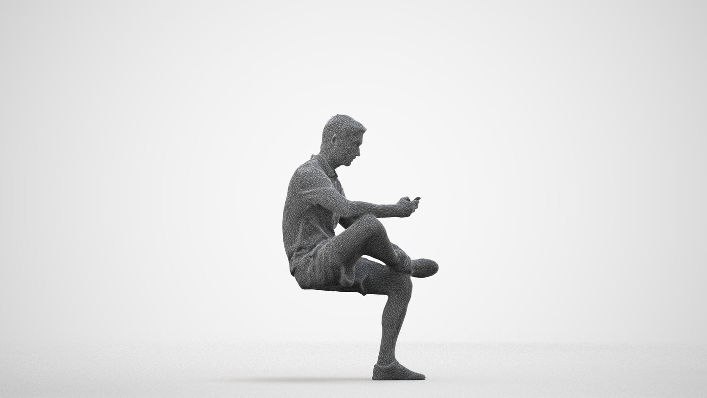 photogrammetry 3D man casual sitting, realistic human model archviz FBX, wireframe side view