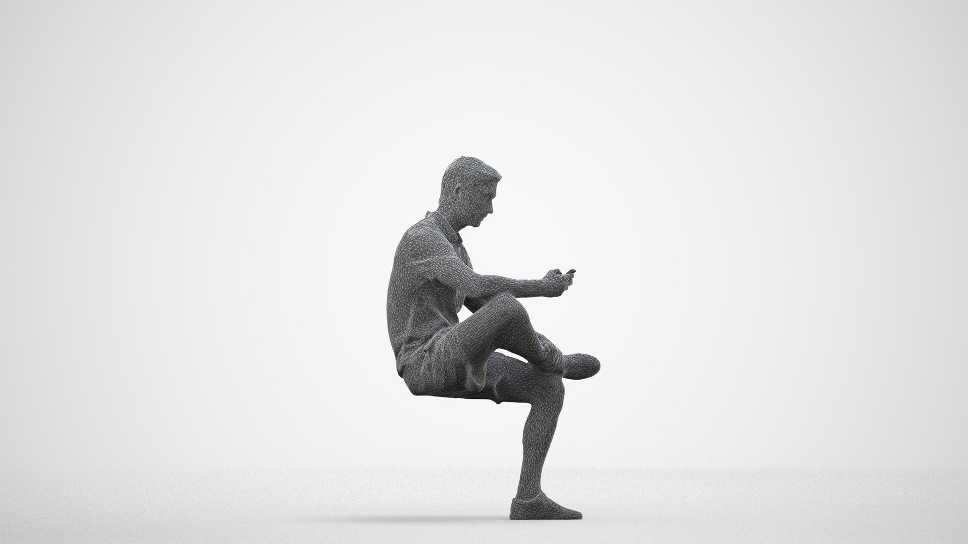 photogrammetry 3D man casual sitting, realistic human model archviz FBX, wireframe side view