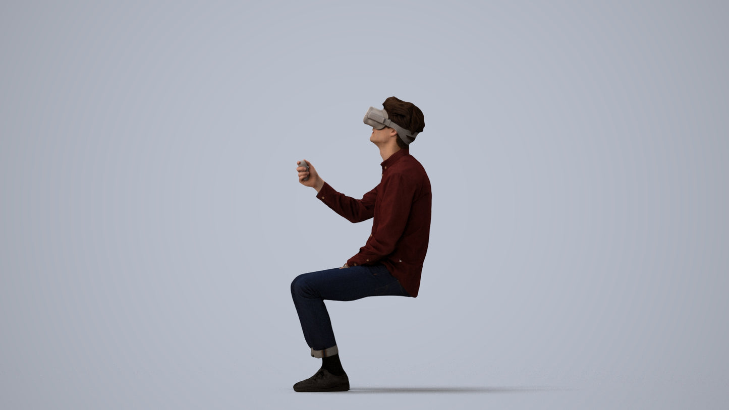 scanned 3D man casual sitting, photogrammetry people for Enscape and V-Ray, three-quarter view render