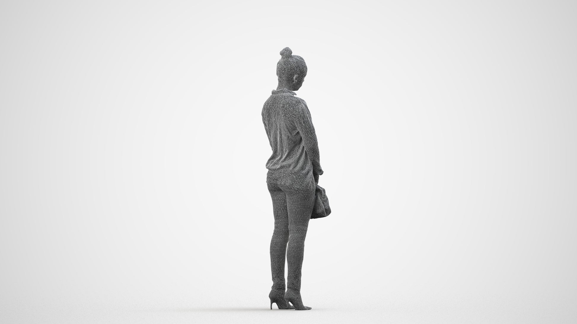 3D human model woman business standing, photogrammetry scanned person for archviz, wireframe side view