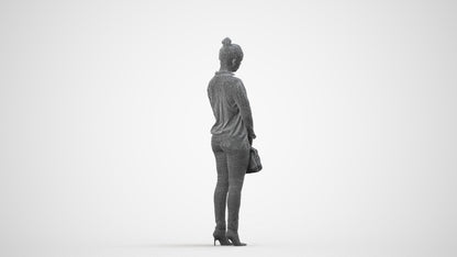 3D human model woman business standing, photogrammetry scanned person for archviz, wireframe side view