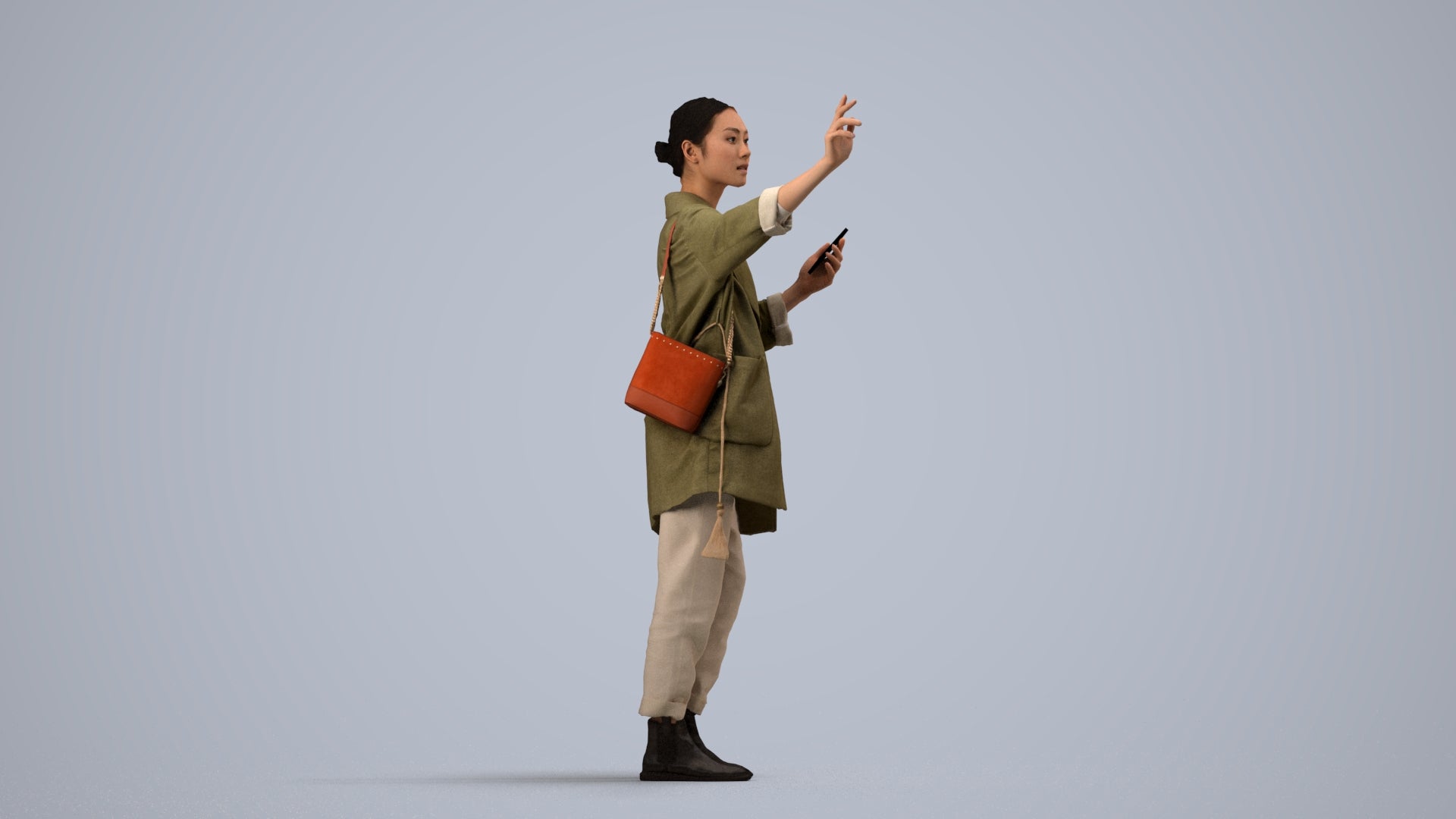 3D people model woman casual standing, scanned human for 3ds Max rendering, side view render