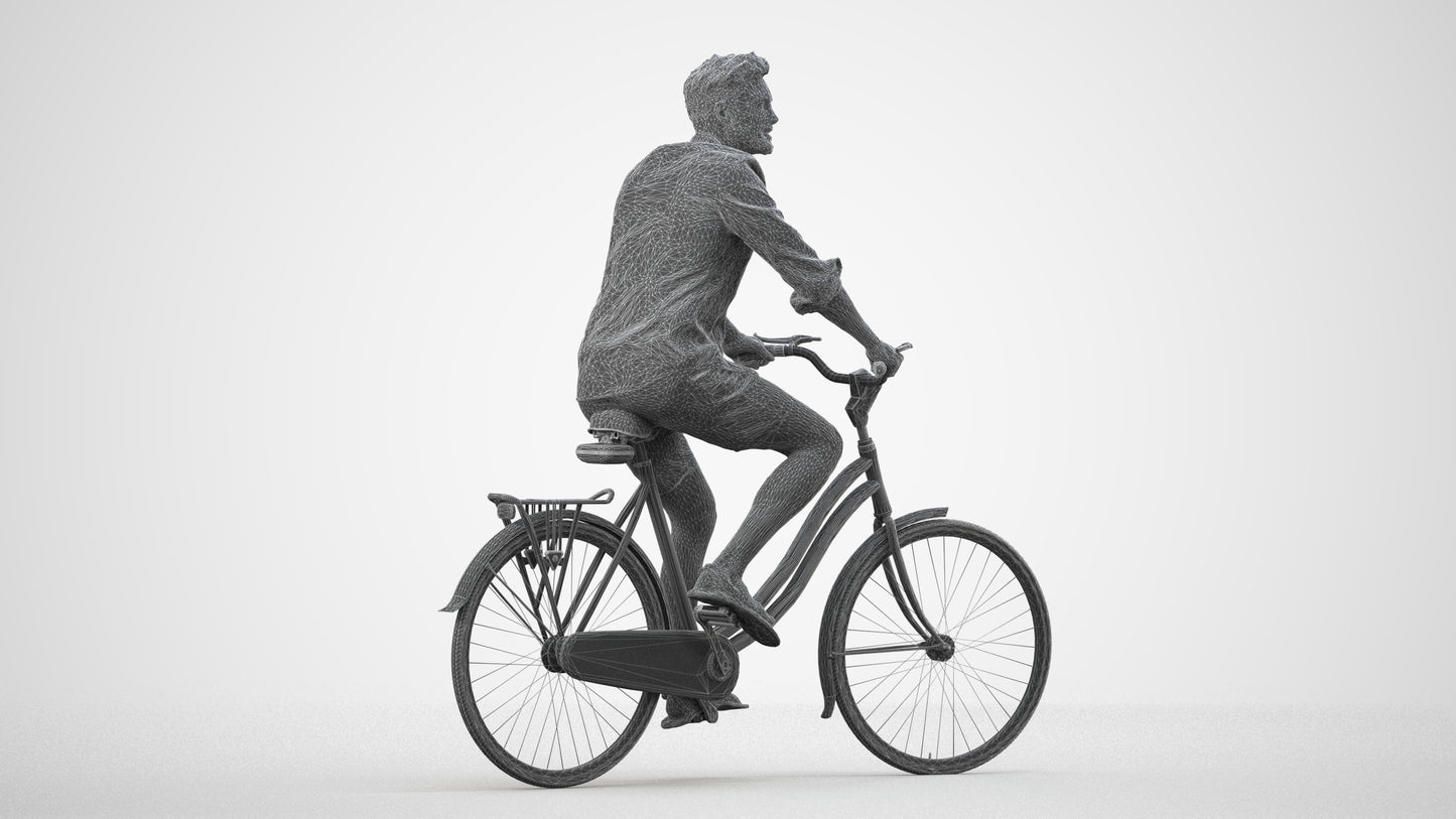 3D scanned man cycling casual, photorealistic archviz people for Enscape and SketchUp, wireframe side view