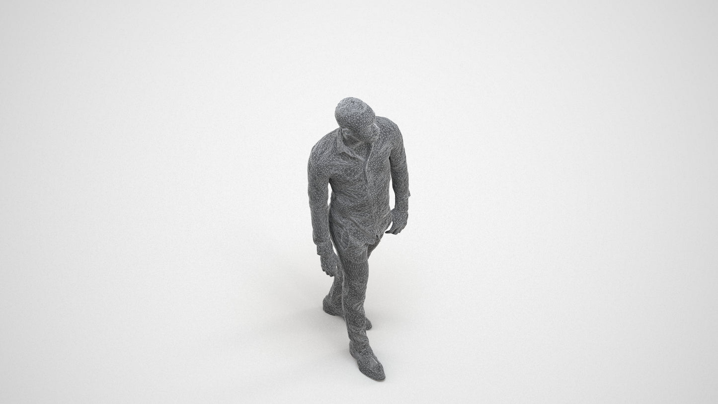 photogrammetry 3D man business walking, realistic human model archviz FBX, wireframe three-quarter view