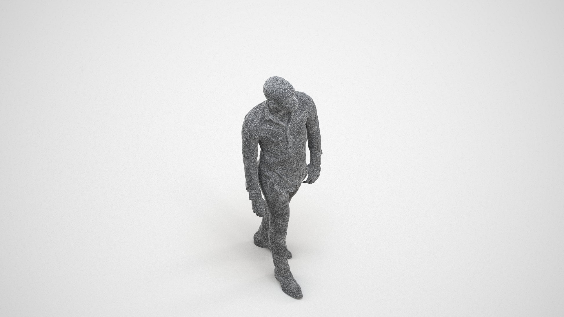 photogrammetry 3D man business walking, realistic human model archviz FBX, wireframe three-quarter view