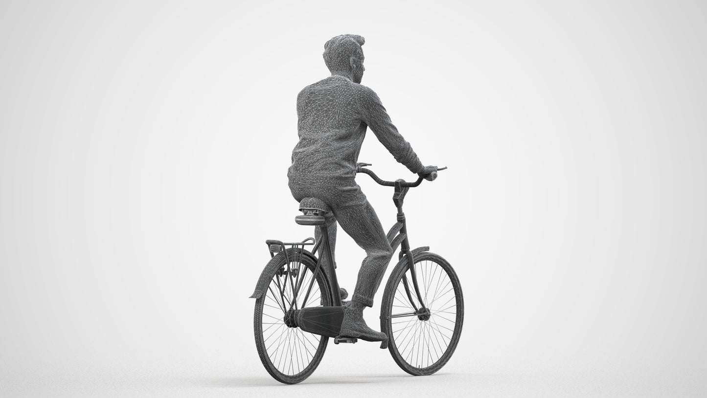 3D human model man casual cycling, photogrammetry scanned person for archviz, wireframe side view