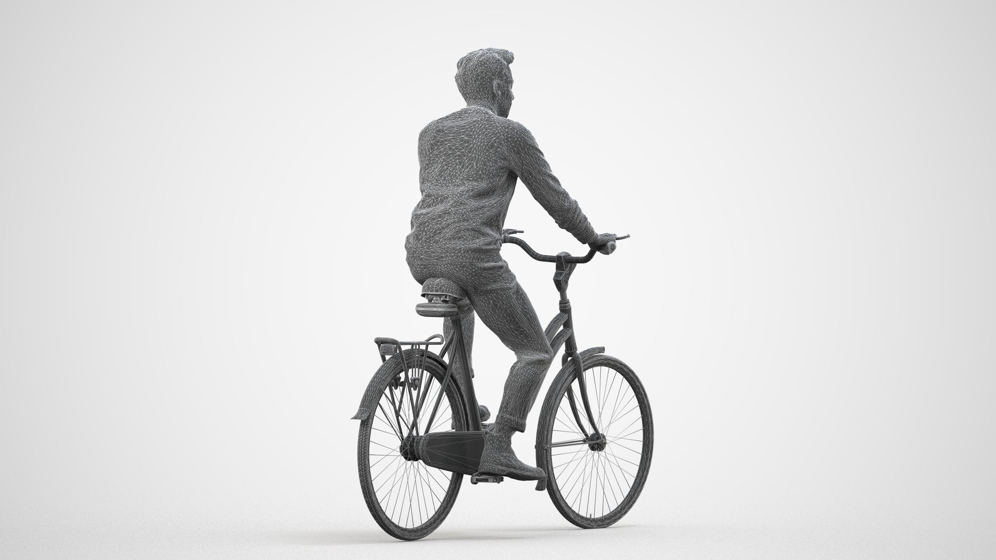 3D human model man casual cycling, photogrammetry scanned person for archviz, wireframe side view
