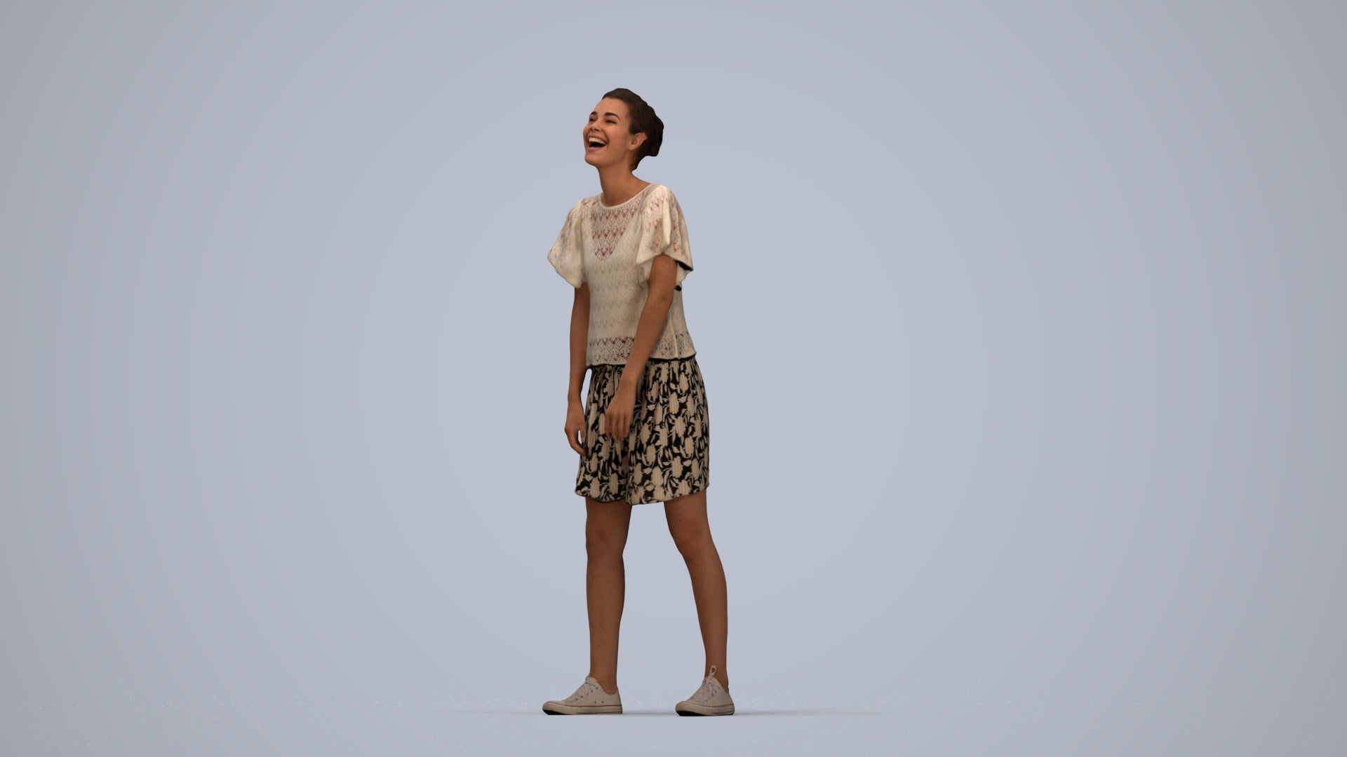 3D scanned woman standing casual, photorealistic archviz people for Enscape and SketchUp, top-down view render