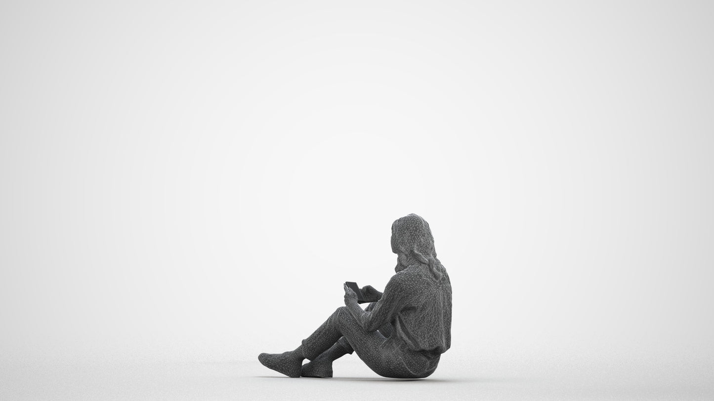 3D people model woman casual sitting, scanned human for 3ds Max rendering, wireframe front view