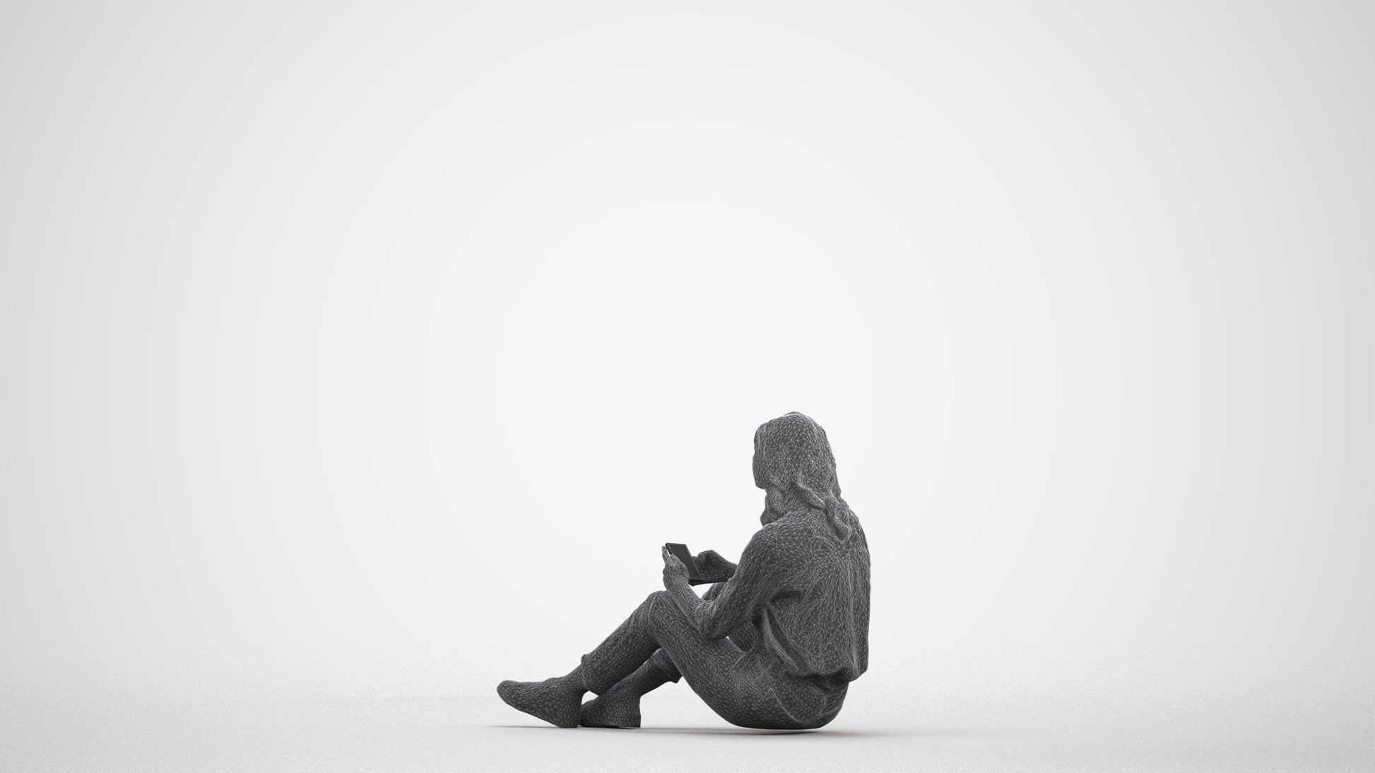 3D people model woman casual sitting, scanned human for 3ds Max rendering, wireframe front view