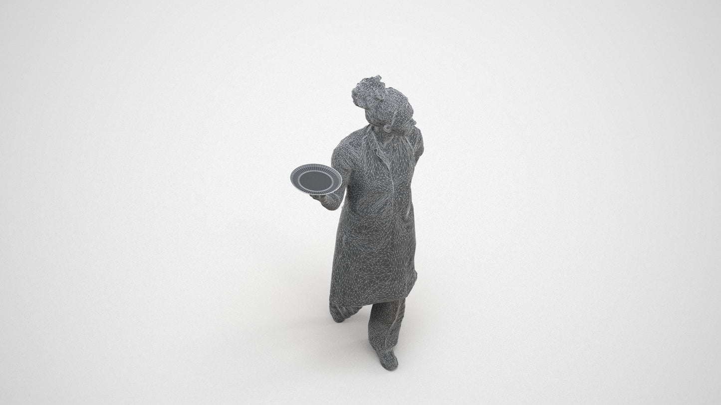 realistic 3D human woman hospitality, archviz people FBX OBJ for Blender, wireframe three-quarter view