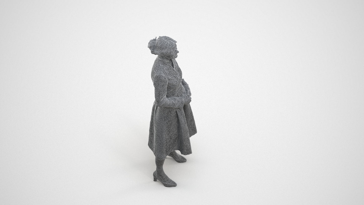realistic 3D senior woman business standing, scanned archviz people for Blender and 3ds Max, wireframe three-quarter view