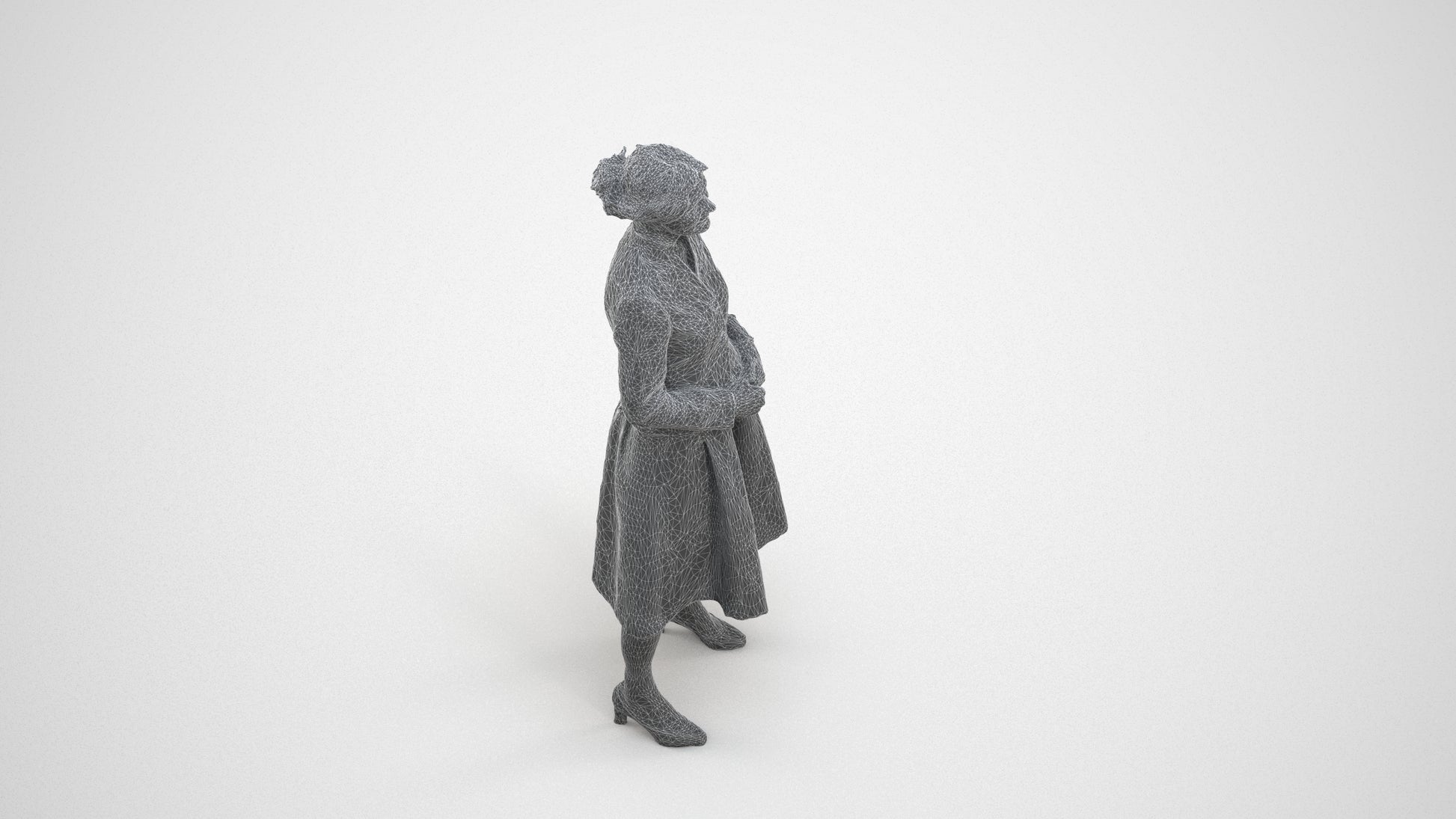 realistic 3D senior woman business standing, scanned archviz people for Blender and 3ds Max, wireframe three-quarter view