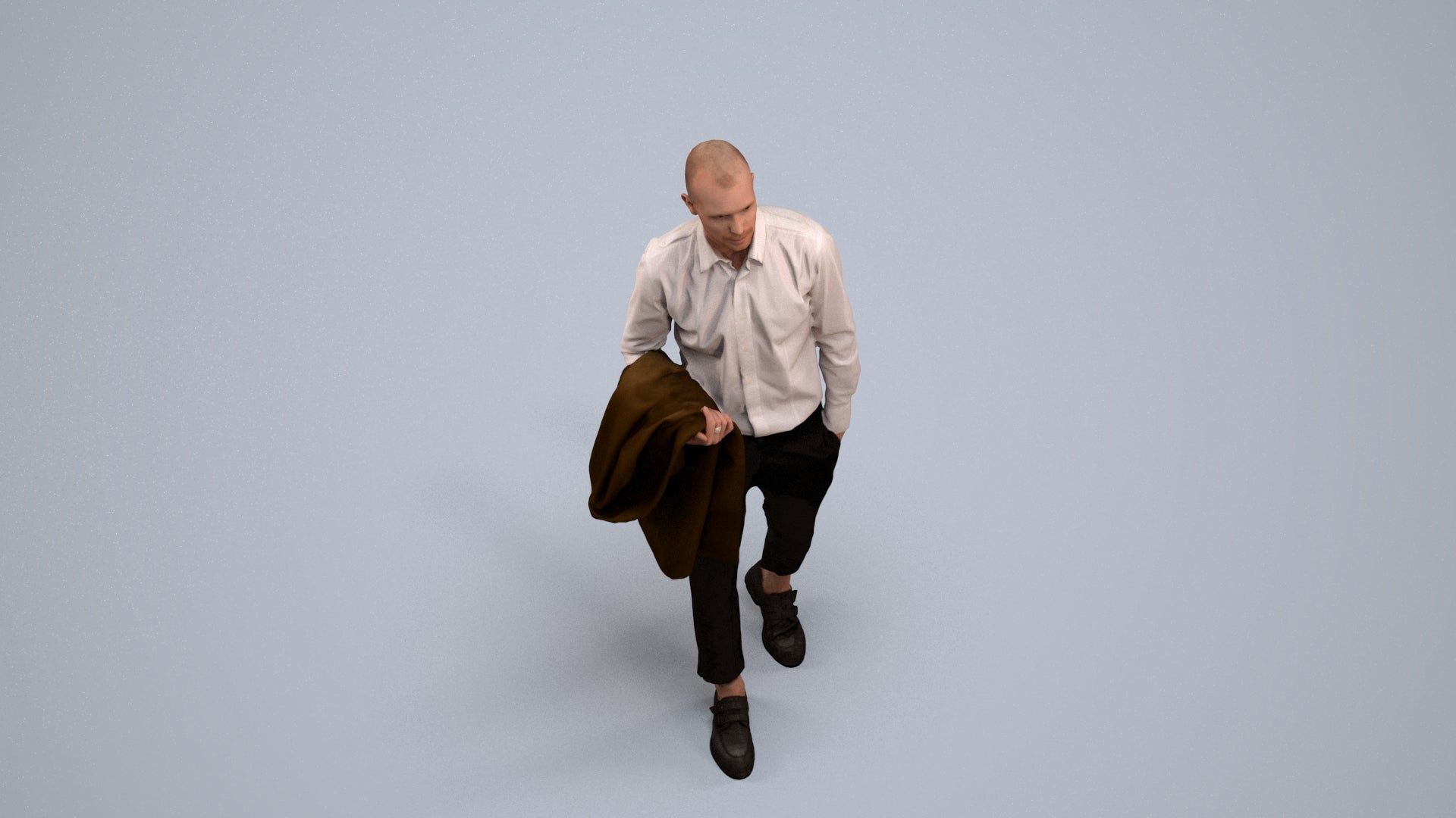 photogrammetry 3D man business walking, realistic human model archviz FBX, back view render