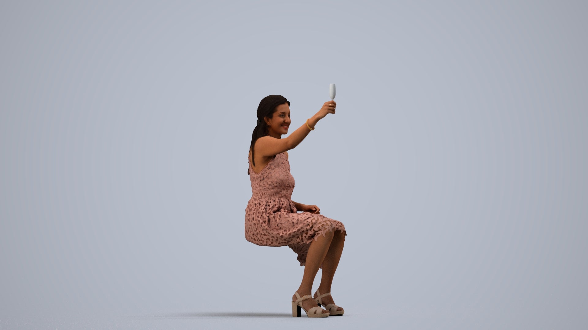 realistic 3D woman formal sitting, scanned archviz people for Blender and 3ds Max, side view render