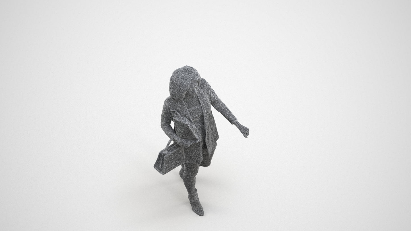 3D human model woman casual shopping, photogrammetry scanned person for archviz, wireframe three-quarter view