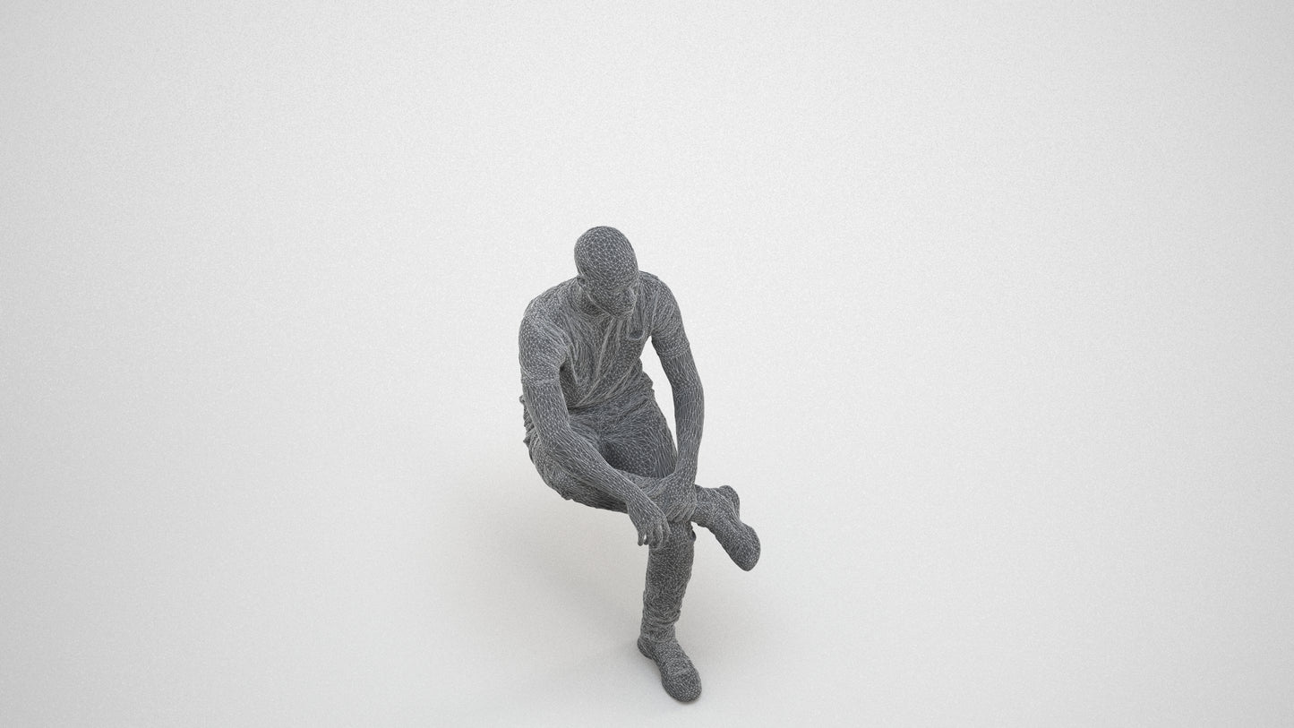 3D human model man casual sitting, photogrammetry scanned person for archviz, wireframe three-quarter view