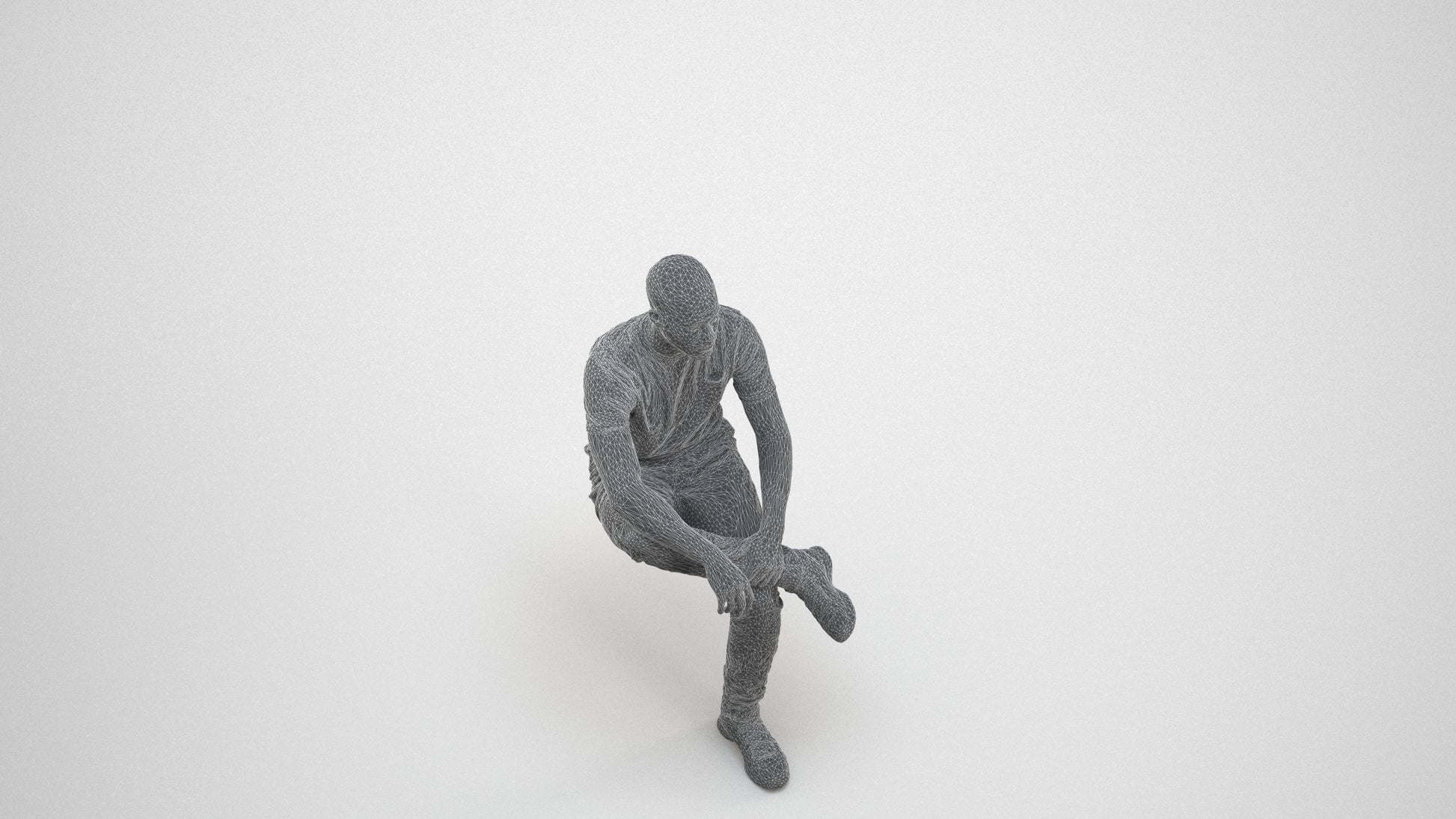 3D human model man casual sitting, photogrammetry scanned person for archviz, wireframe three-quarter view