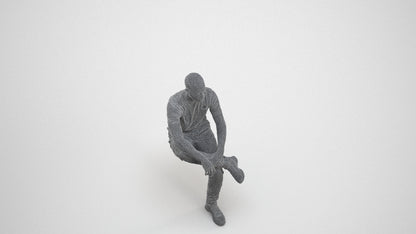 3D human model man casual sitting, photogrammetry scanned person for archviz, wireframe three-quarter view