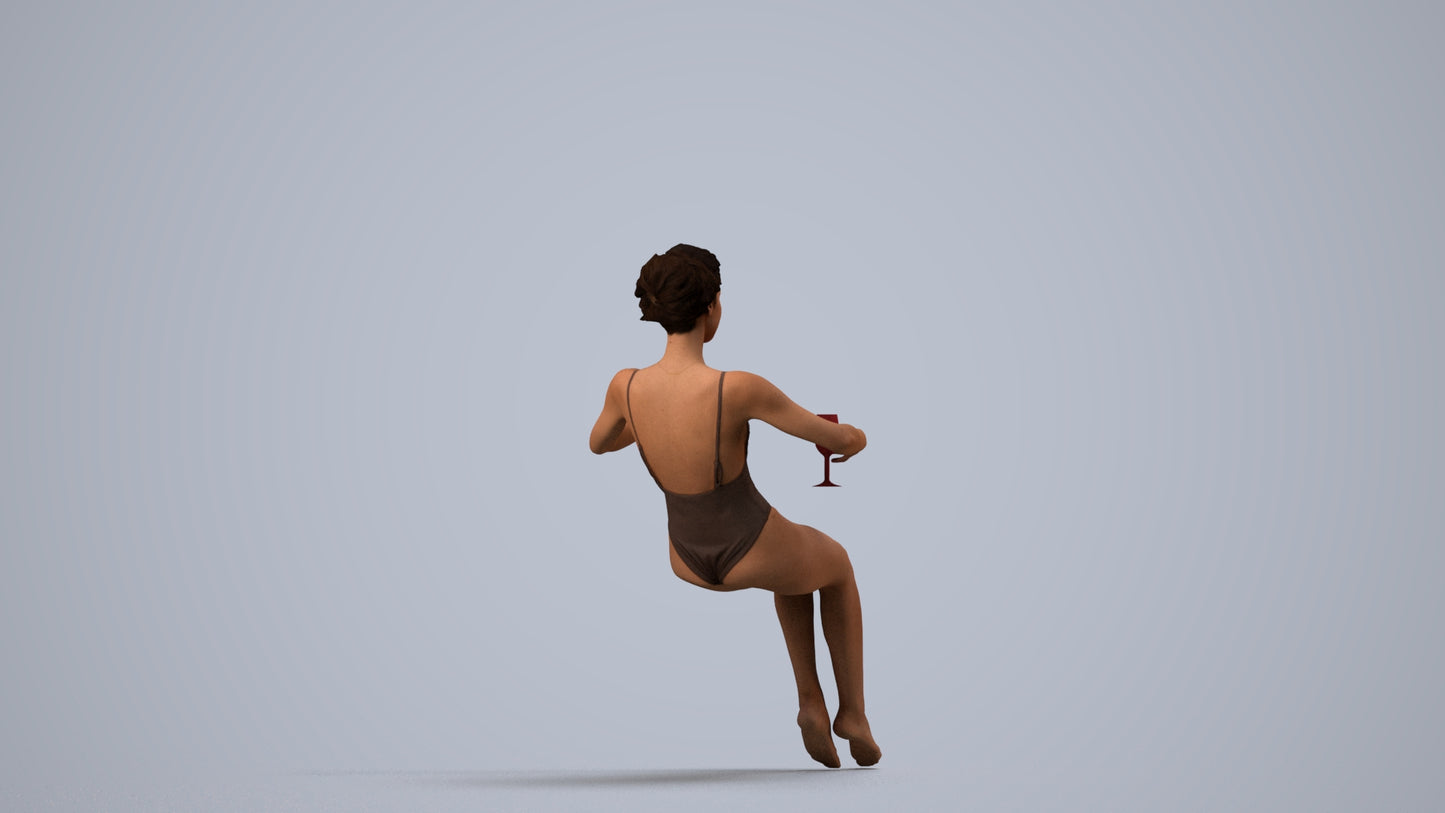 3D human model woman pool, photogrammetry scanned person for archviz, side view render