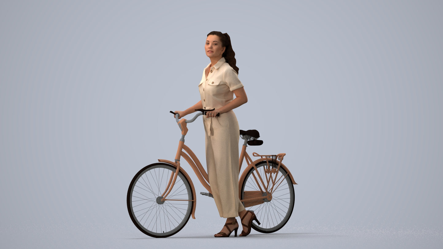 realistic 3D woman formal cycling, scanned archviz people for Blender and 3ds Max, three-quarter view render