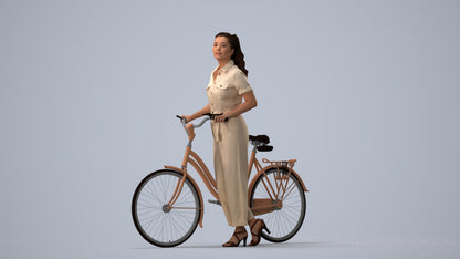 realistic 3D woman formal cycling, scanned archviz people for Blender and 3ds Max, three-quarter view render