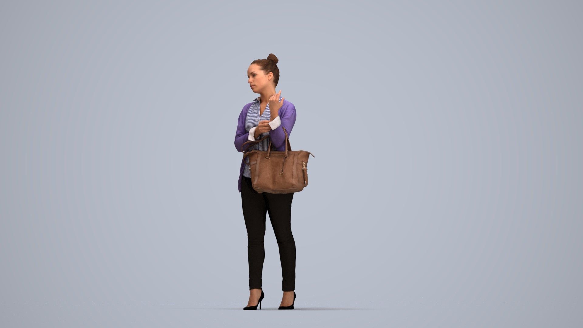 realistic 3D woman business standing, scanned archviz people for Blender and 3ds Max, top-down view render
