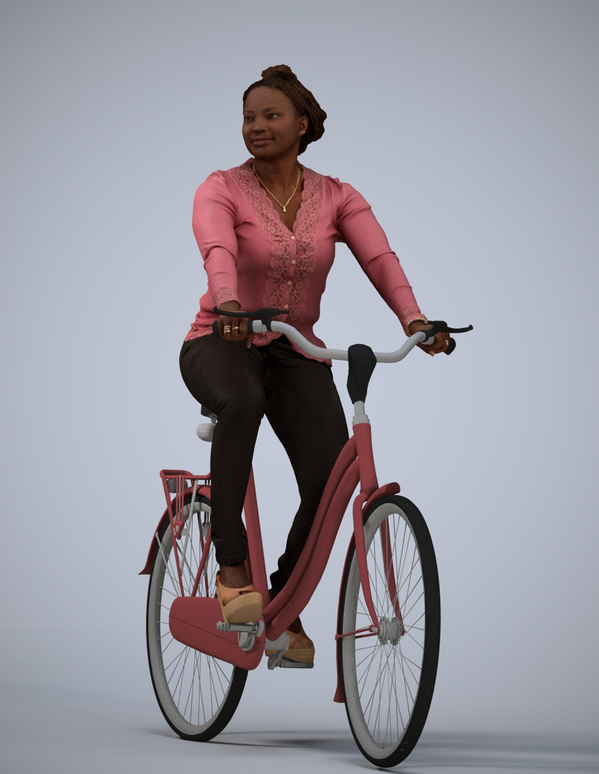 realistic 3D woman casual cycling, scanned archviz people for Blender and 3ds Max