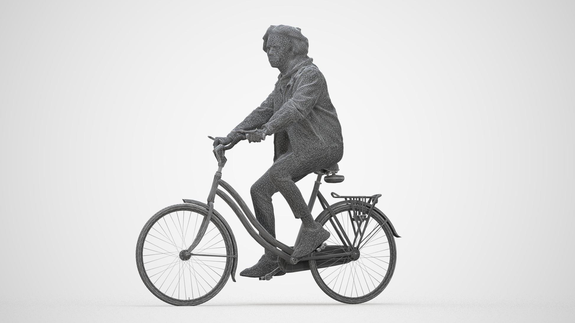 realistic 3D man casual cycling, scanned archviz people for Blender and 3ds Max, wireframe back view