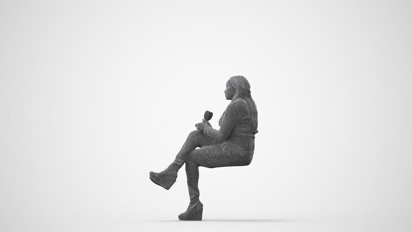 3D human model woman casual sitting, photogrammetry scanned person for archviz, square thumbnail