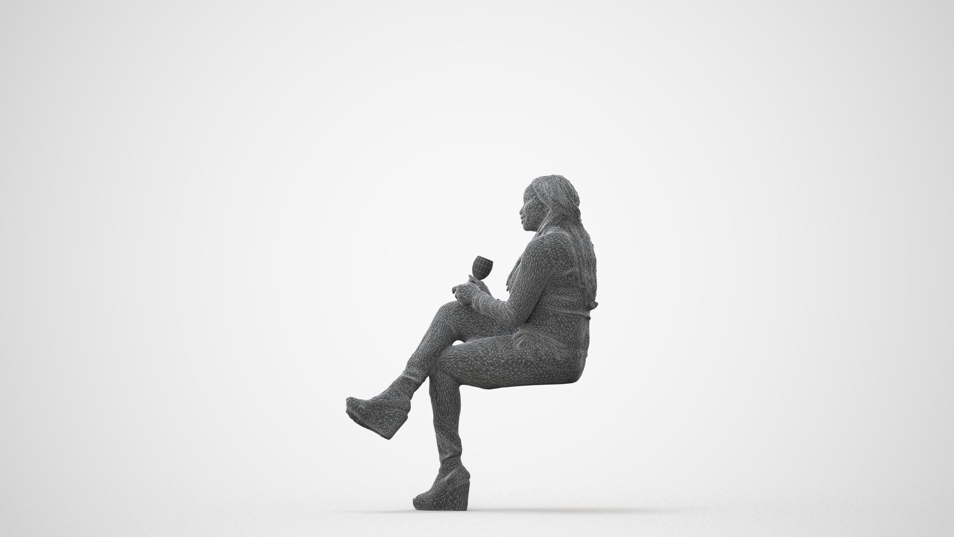 3D human model woman casual sitting, photogrammetry scanned person for archviz, square thumbnail