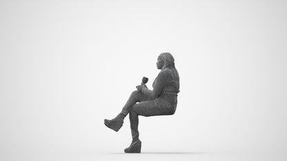 3D human model woman casual sitting, photogrammetry scanned person for archviz, square thumbnail