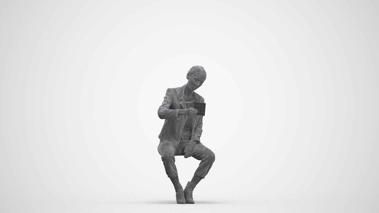 realistic 3D woman business sitting, scanned archviz people for Blender and 3ds Max, three-quarter front view render
