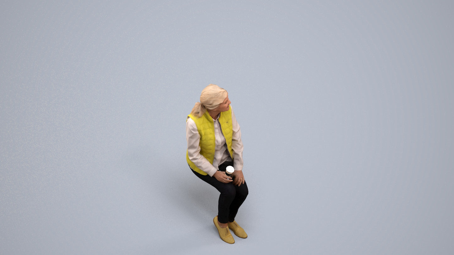 3D scanned senior woman sitting casual, photorealistic archviz people for Enscape and SketchUp, back view render